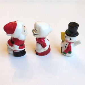 Vtg Bug House Kissing Santa, Mrs Claus, & Snowman Bone China Miniature Figurines